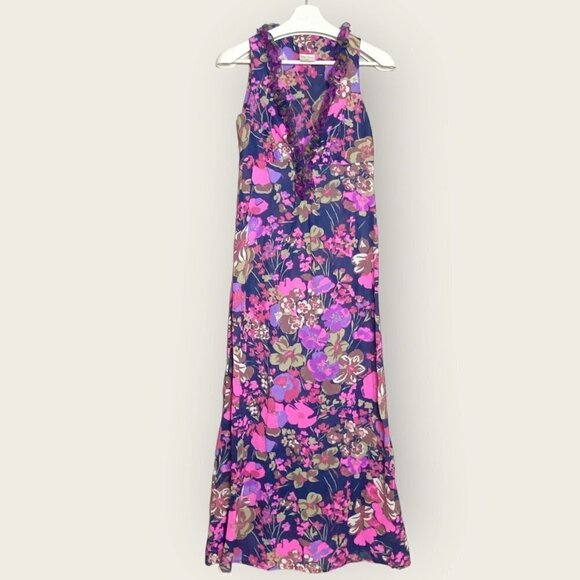 Vintage Dresses & Skirts - VINTAGE 1970s Perri-Ann Floral Ruffle Collar Maxi Dress
